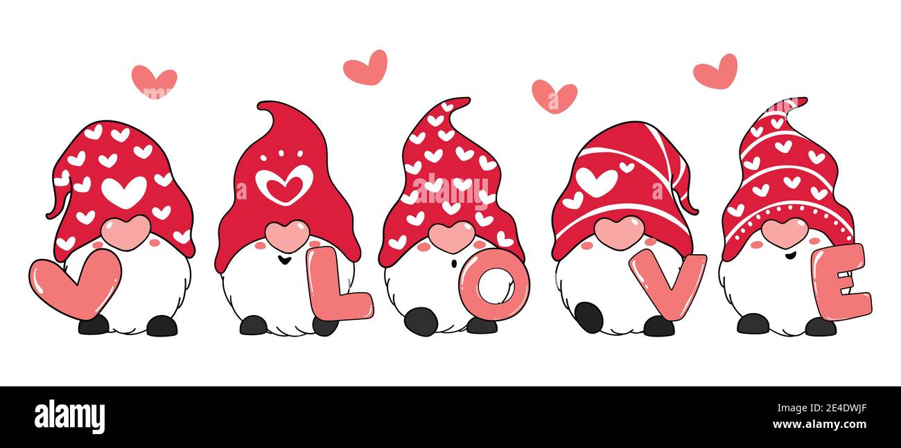 Valentin Gnome avec LETTRE D'AMOUR, rouge valentine gnome dessin animé Doodle vecteur Illustration de Vecteur