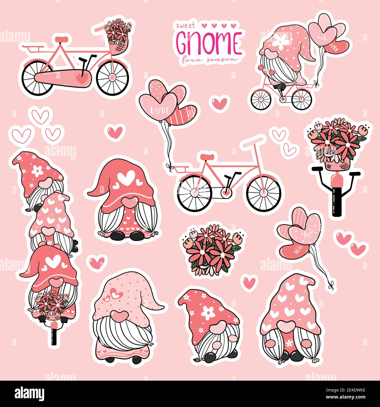 Mignon Valentine Gnome doux rose amour collage, gnome sur vélo sticker ensemble imprimable. Illustration de Vecteur