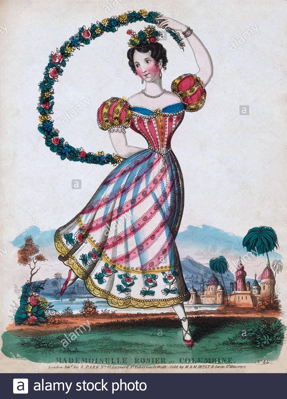 Commedia dell'arte, Mademoiselle Rosier comme Columbine, illustration ancienne des années 1800 Banque D'Images