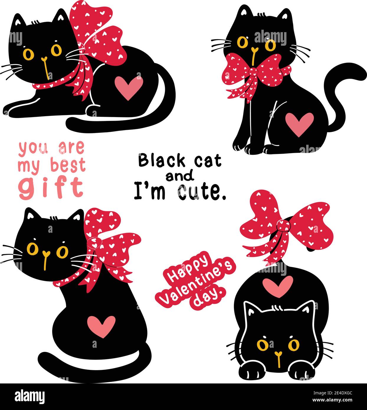 mignon valentine chat chaton noir avec ruban rouge noeud vacances cadeau collection ensemble, doodle illustration clip art Illustration de Vecteur