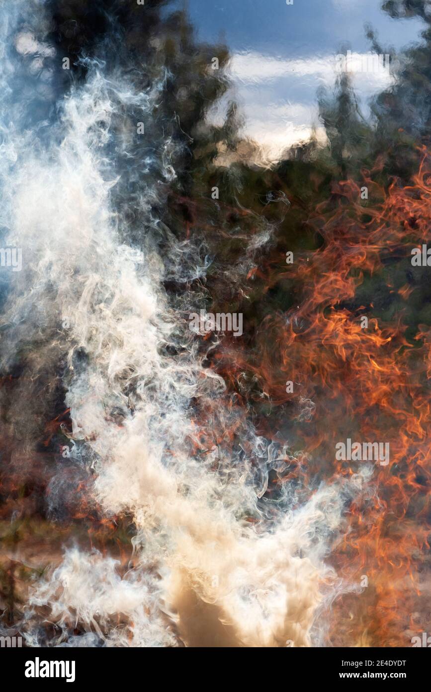 Feu de rage, flammes et fumée, arrière-plan de feu Banque D'Images