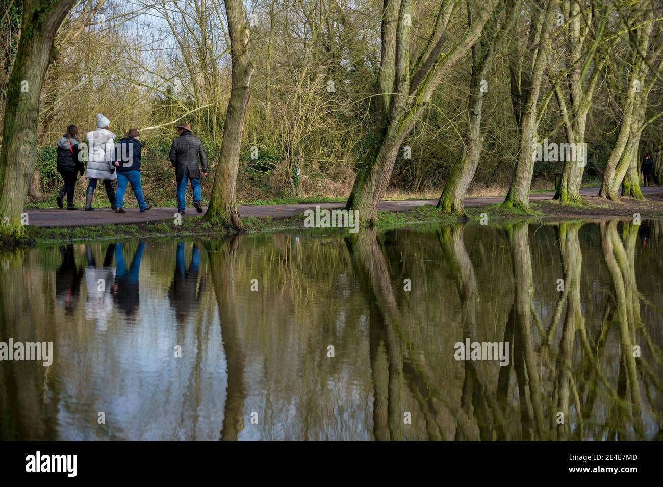 Rickmansworth, Royaume-Uni. 23 janvier 2021. Météo au Royaume-Uni : les gens font de l'exercice quotidien à Rickmansworth Aquadrome, dans le Hertfordshire, par une journée froide pendant le confinement alors que la pandémie du coronavirus se poursuit. Après de fortes pluies récentes, plusieurs parties de l'aquadrome ont débordé dans les zones environnantes. Credit: Stephen Chung / Alamy Live News Banque D'Images