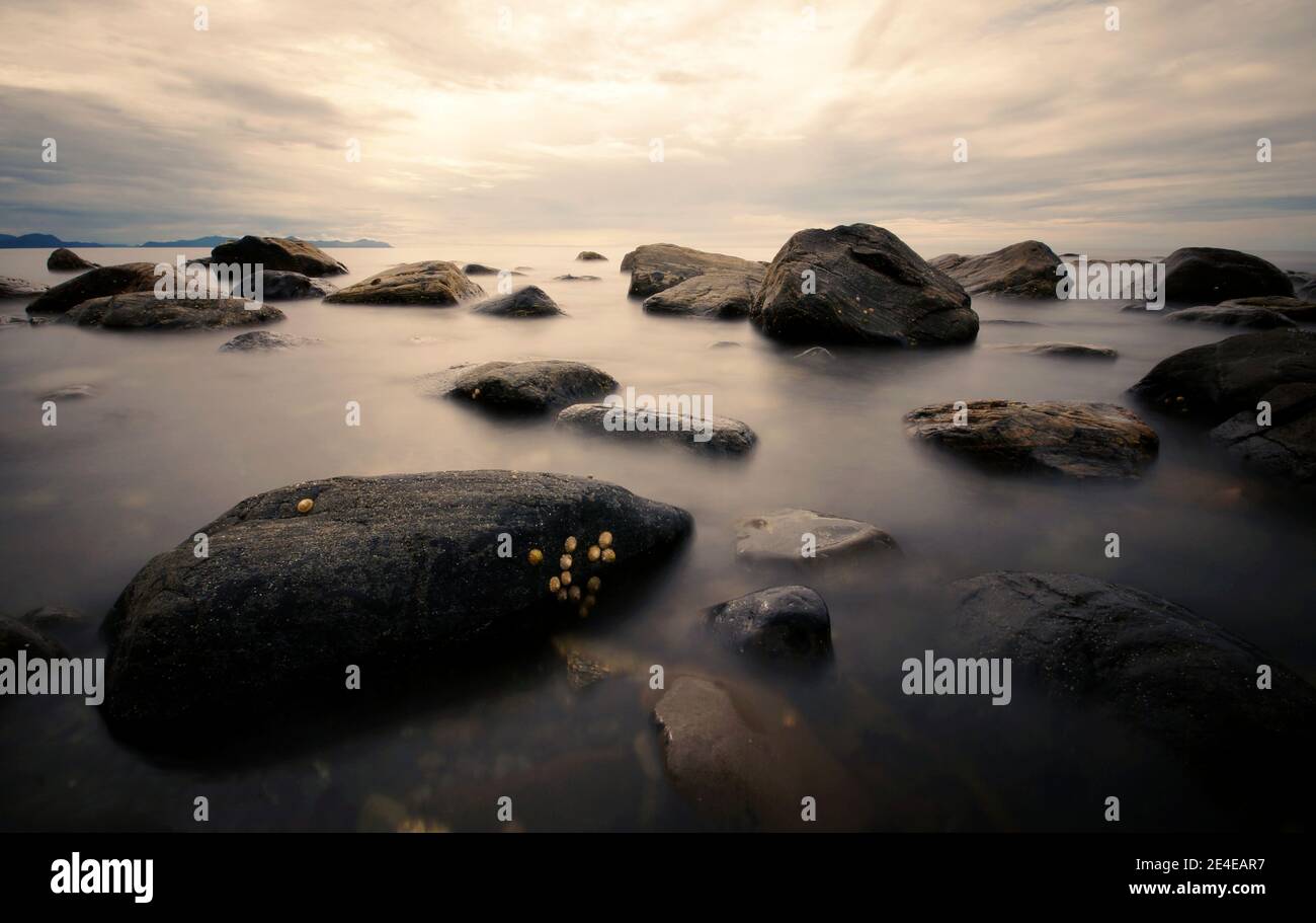 mer calme avec des pierres au lever ou au coucher du soleil, plan d'exposition longue de rochers dans l'eau douce Banque D'Images