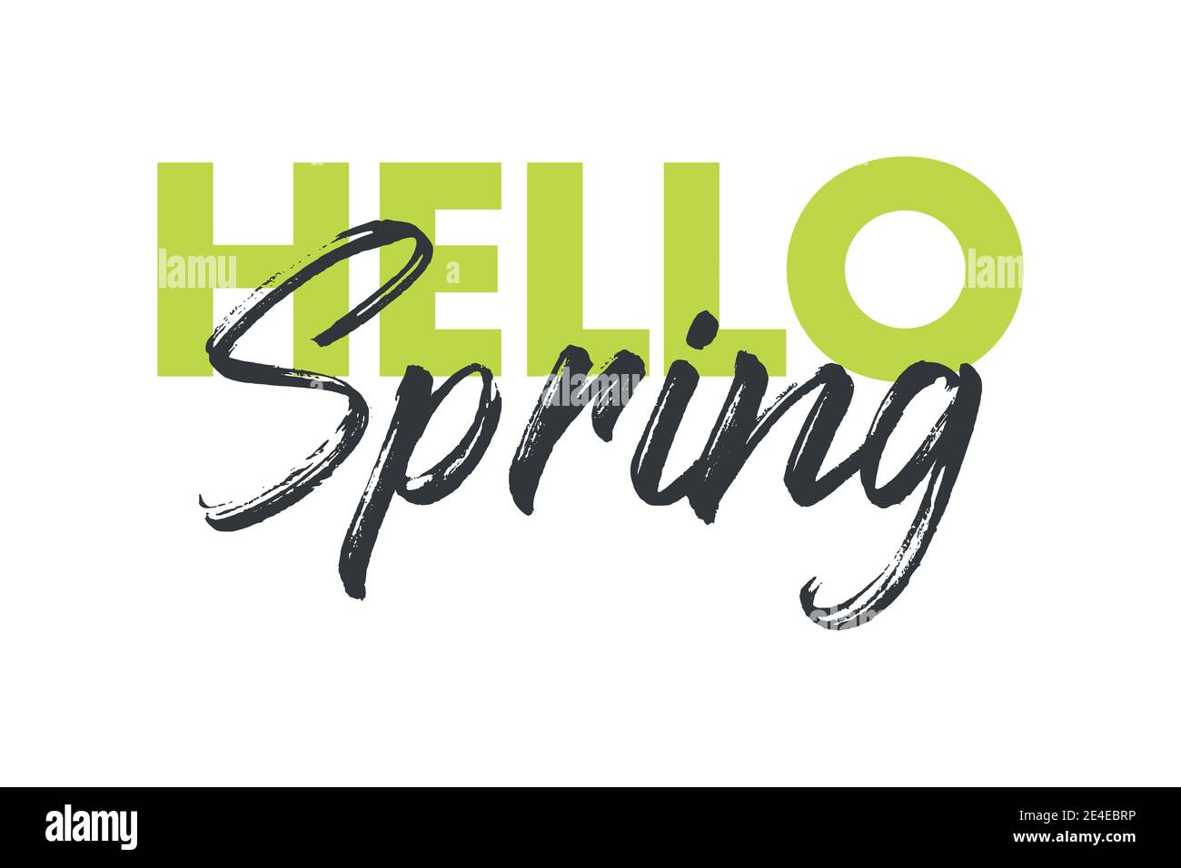 Design graphique moderne, ludique et vibrant d'un « Hello Spring » aux couleurs jaune et grise. Typographie manuscrite de style trait de pinceau. Banque D'Images