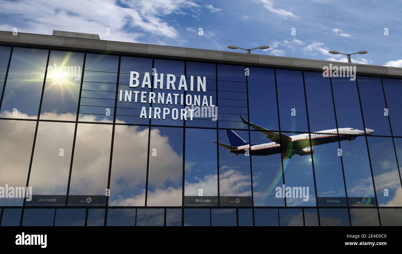 Illustration du rendu 3D de l'atterrissage d'un avion à réaction à Bahreïn. Arrivée en ville avec le terminal de verre de l'aéroport et le reflet de l'avion. Voyage, bu Banque D'Images