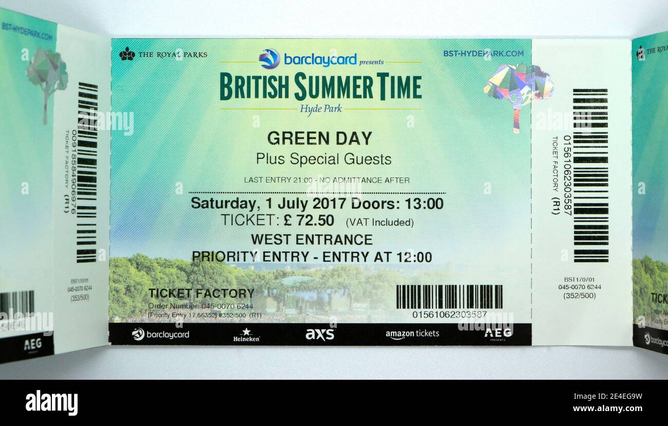 Billet d'entrée pour Green Day à Hyde Park Samedi 1 juillet 2017 Londres Angleterre Royaume-Uni Banque D'Images