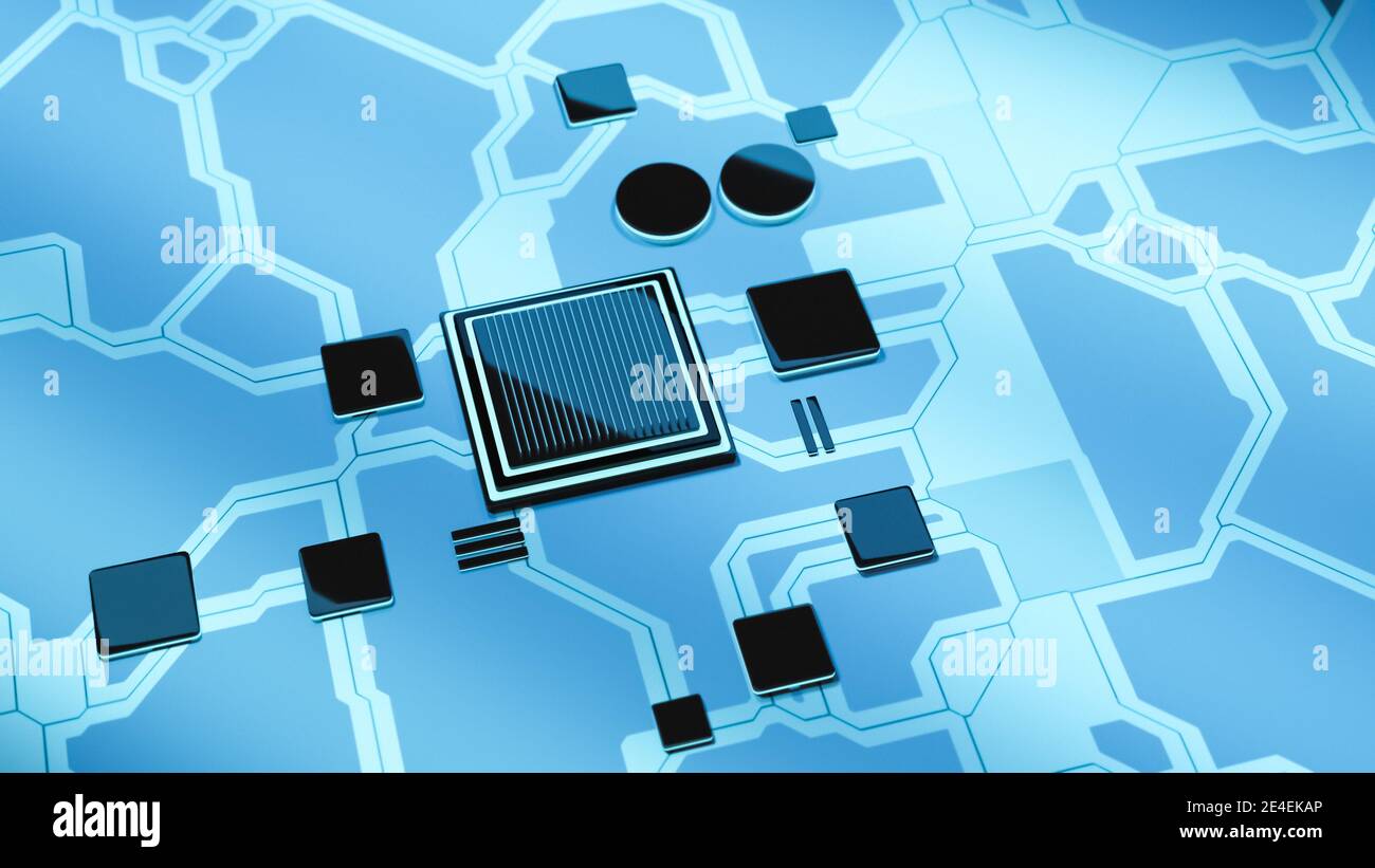 Unité centrale de traitement sur carte de circuit imprimé avec connexions, concept matériel de micro-processeur futuriste, rendu CGI 3D, arrière-plan technologique Banque D'Images