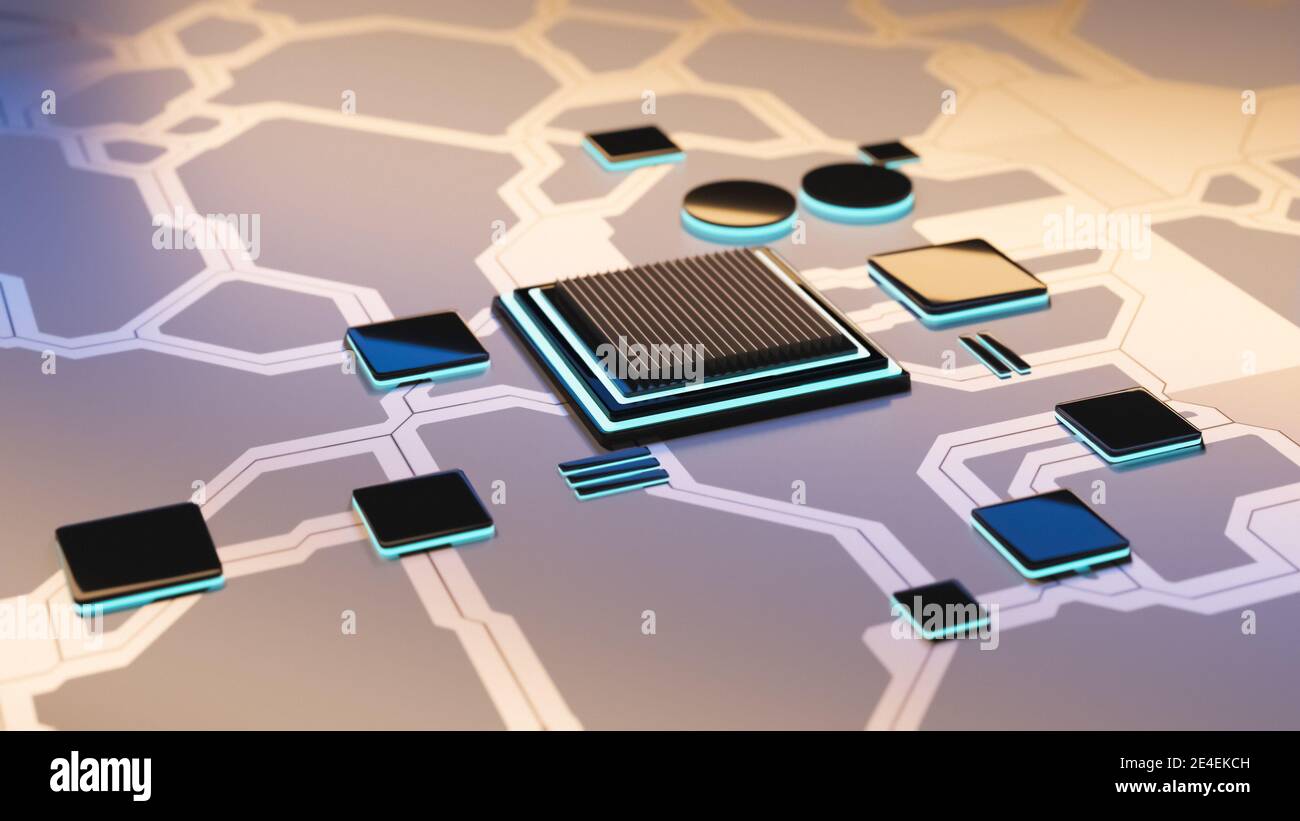 Unité centrale de traitement sur carte de circuit imprimé avec connexions, concept matériel de micro-processeur futuriste, rendu CGI 3D, arrière-plan technologique Banque D'Images