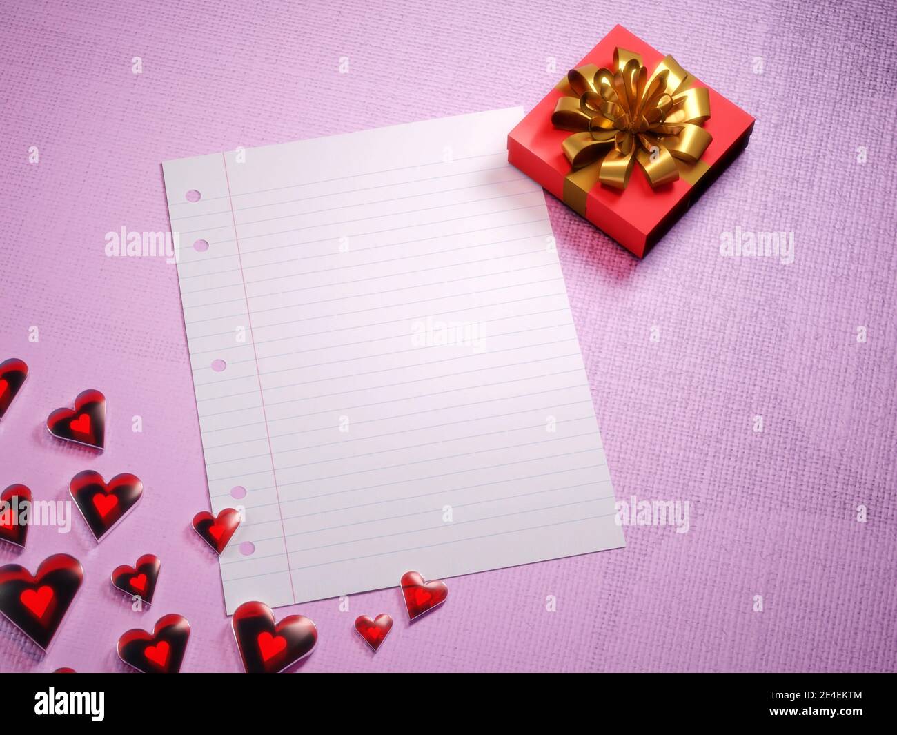 Cadeau de Saint-Valentin, fond de modèle de lettre d'amour. Coeurs rouges brillants, boîte cadeau fantaisie et feuille de papier vierge. Rendu numérique. Banque D'Images