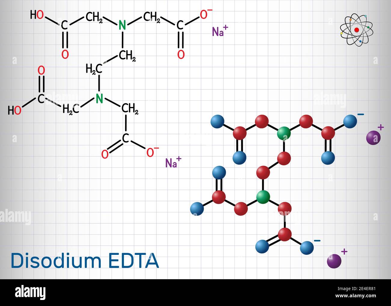 EDTA disodique, édétate disodique, édétate disodique, molécule. Il est diamine, est un agent chélateur polyvalent utilisé pour traiter l'hypercalcémie. Feuille de pape Illustration de Vecteur