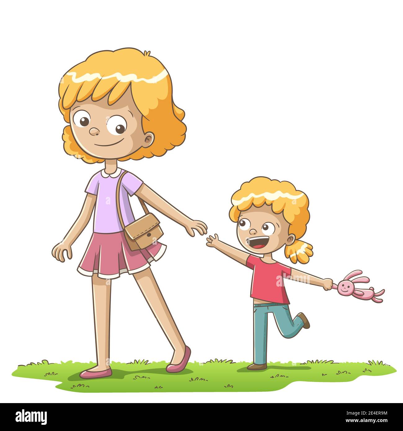 Mère et fille marchant. Illustration vectorielle dessinée à la main avec des calques séparés. Illustration de Vecteur