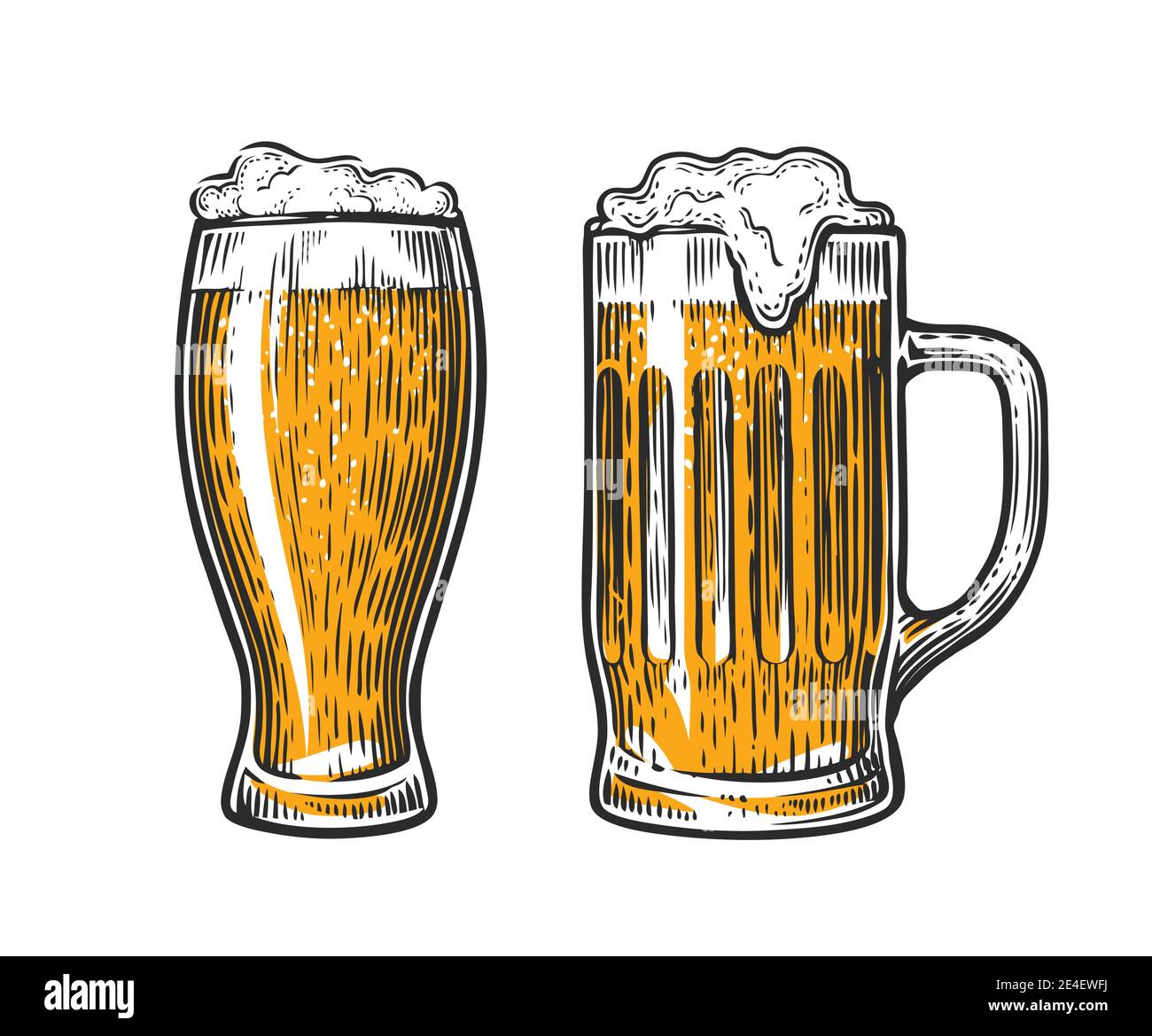 La bière en verre tasse avec de la mousse. Hand drawn vector illustration Illustration de Vecteur
