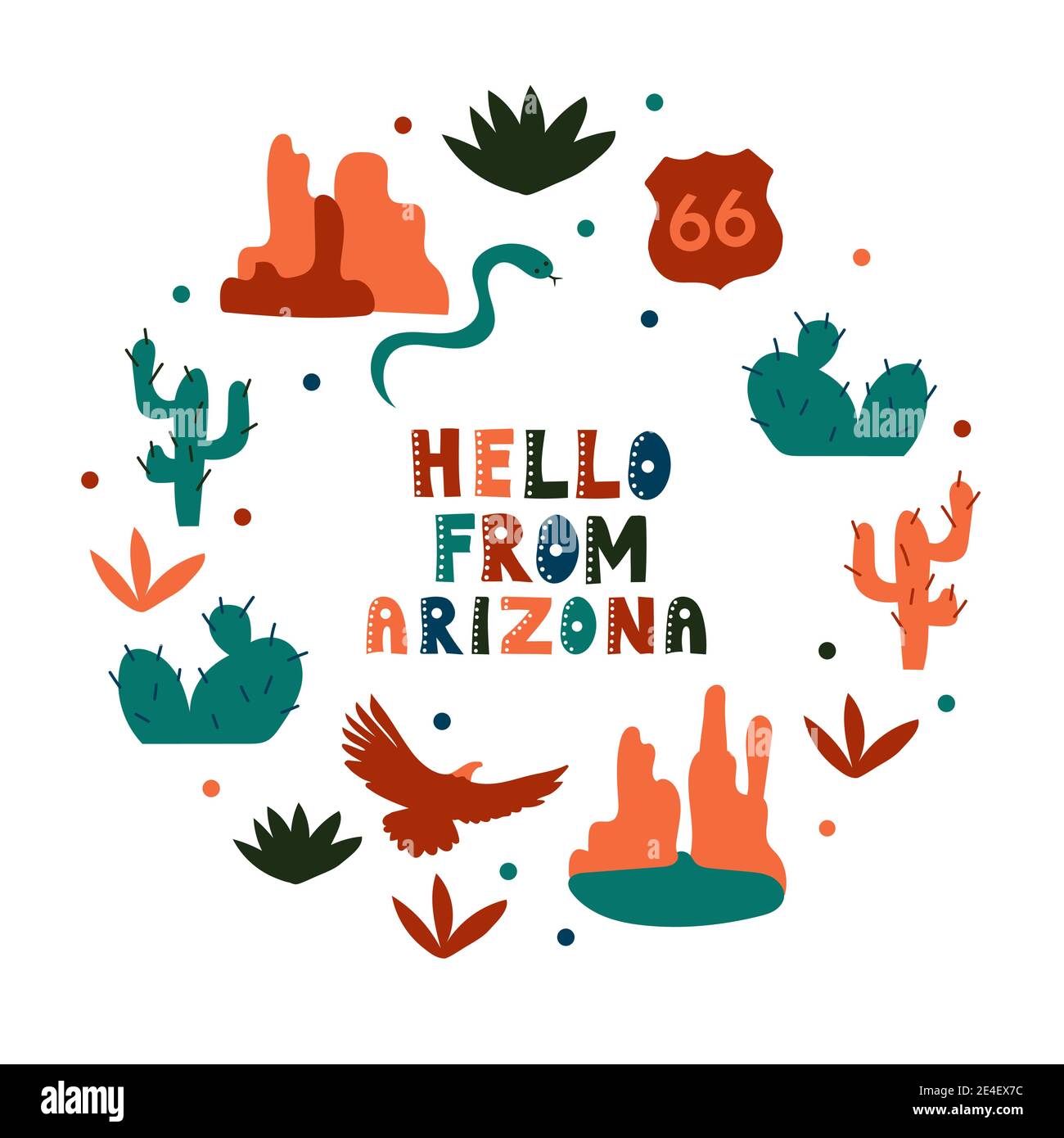 Collection USA. Bonjour du thème Arizona. Carte de forme ronde des symboles d'état Illustration de Vecteur