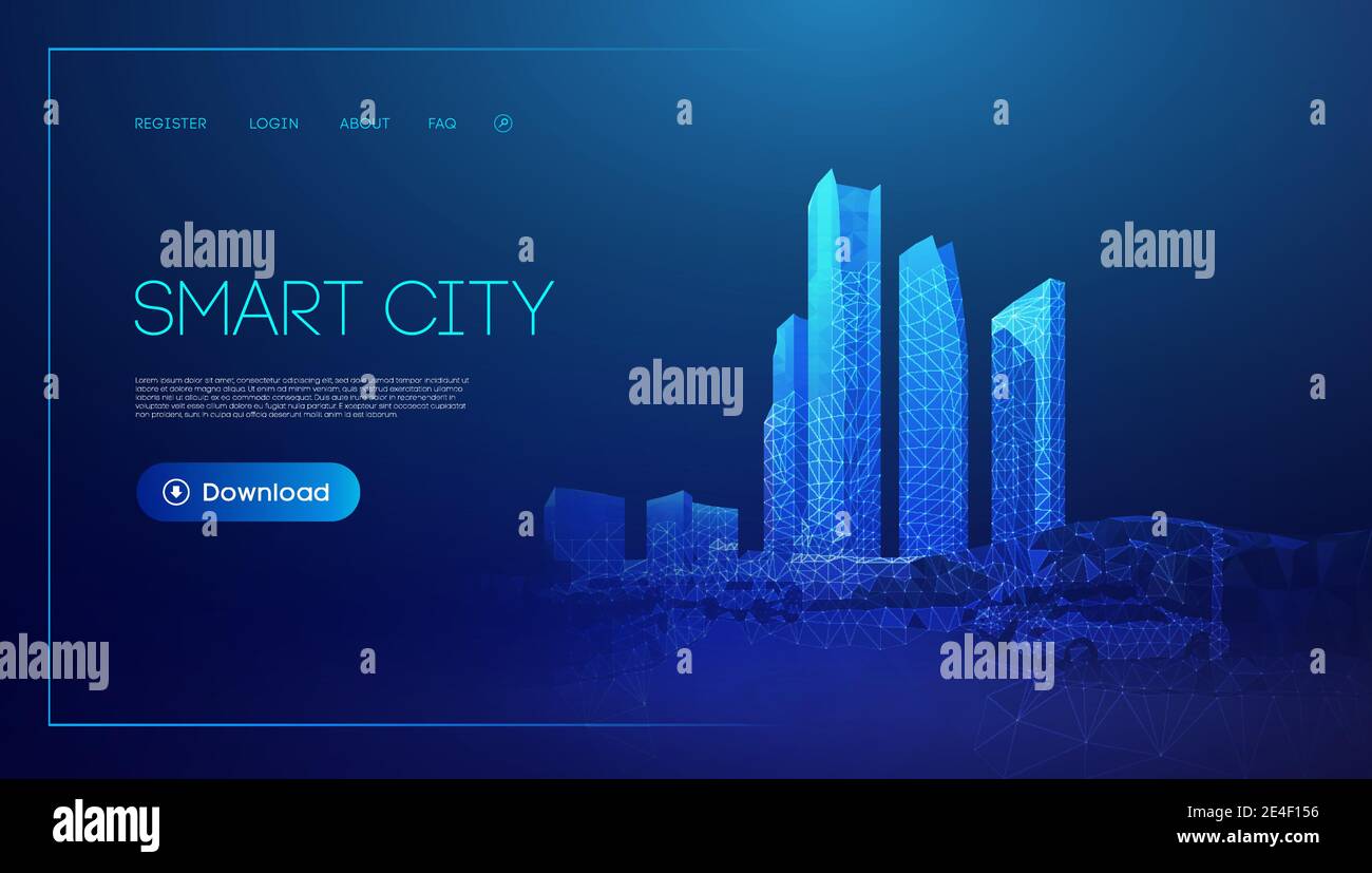 Illustration abstraite de la ville intelligente sur fond bleu, style poly bas. Connexion au réseau social mondial. Sécurité des données 3D vecteur arrière-plan. Illustration de Vecteur