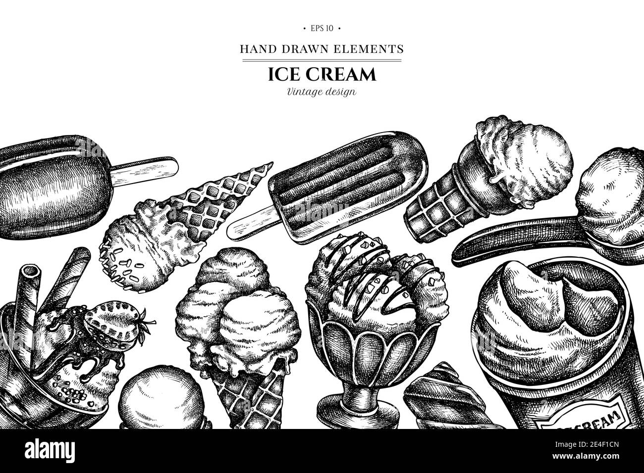 Motif avec bols à crème glacée noir et blanc, seau à crème glacée, crème glacée au popsicle, cônes de crème glacée Illustration de Vecteur