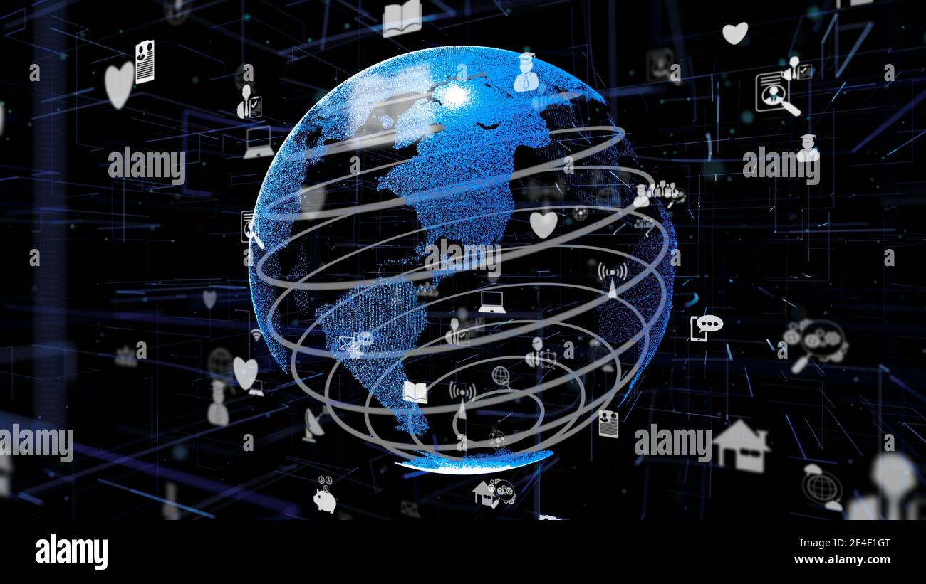 Réseau Internet futuriste en ligne et Internet des objets IOT concept présenté en 3D rendu graphique informatique du cyberespace. Communication et Banque D'Images