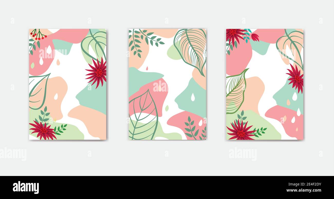 Ensemble de motifs floraux abstraits pour les vacances d'été avec des feuilles de fleurs tropicales. Modèles de cartes pour les soldes d'été, médias sociaux promotionnels co Illustration de Vecteur
