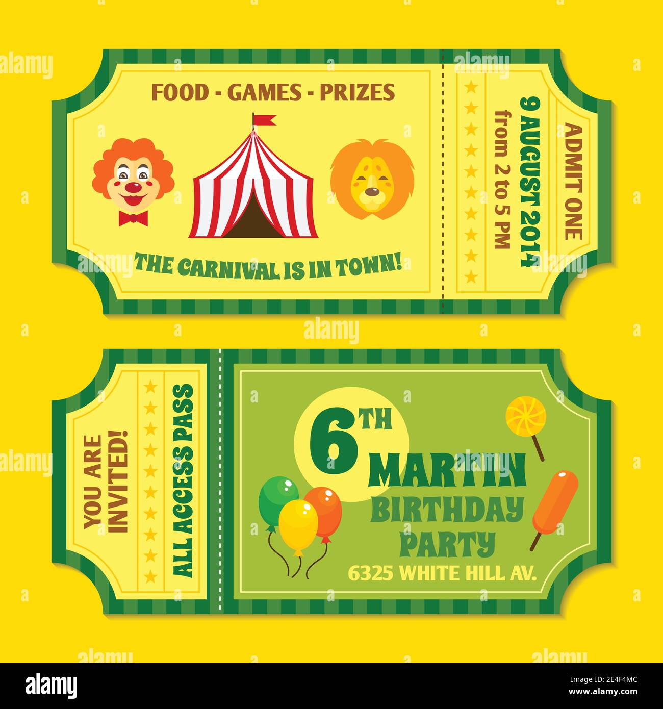Deux modèles de billets d'invitation pour la fête d'anniversaire du cirque vintage avec illustration de vecteur isolé clown et ballonnet Illustration de Vecteur
