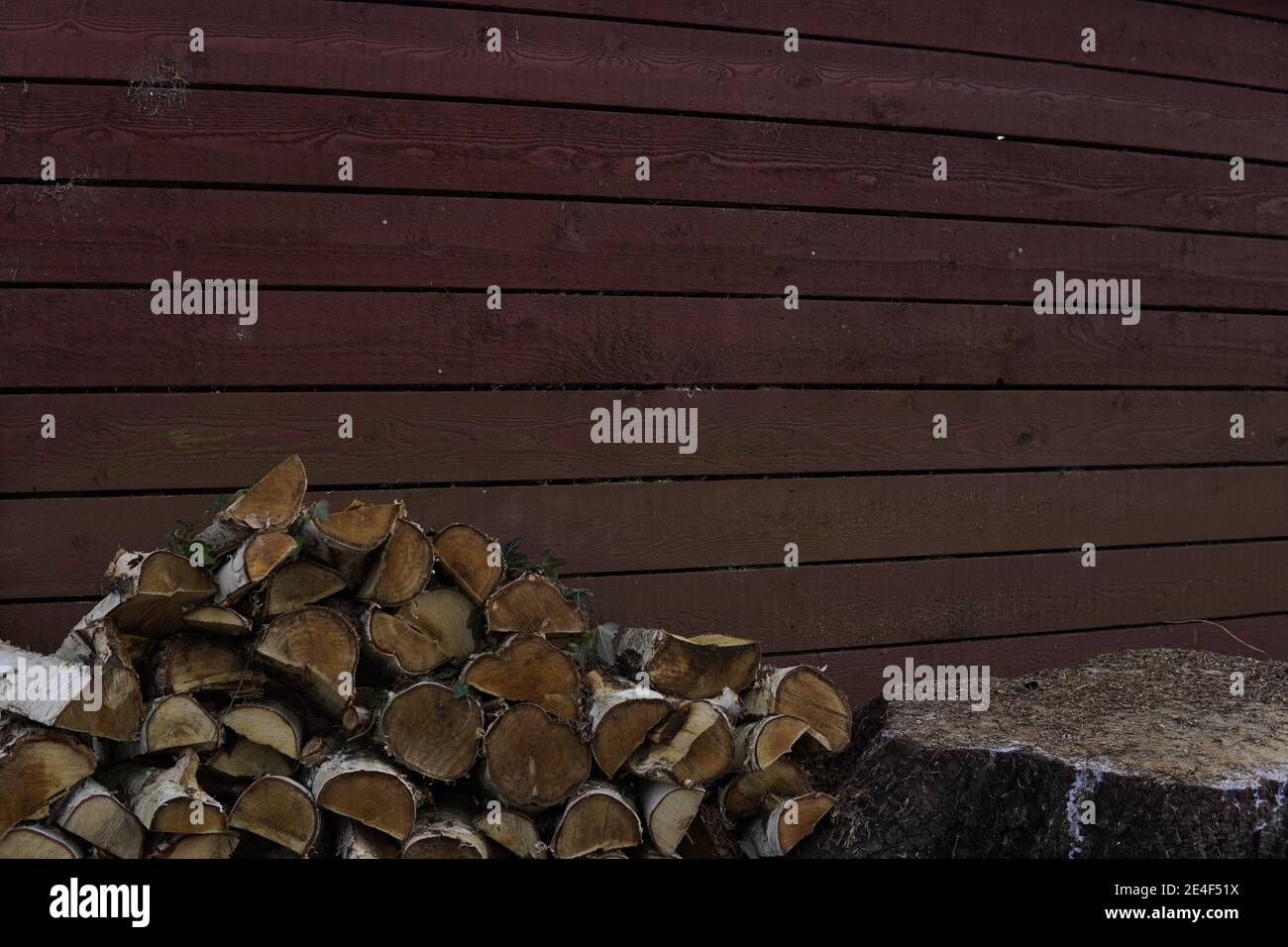Pile empilée de bois de bouleau taillé devant le jardin délestage Banque D'Images