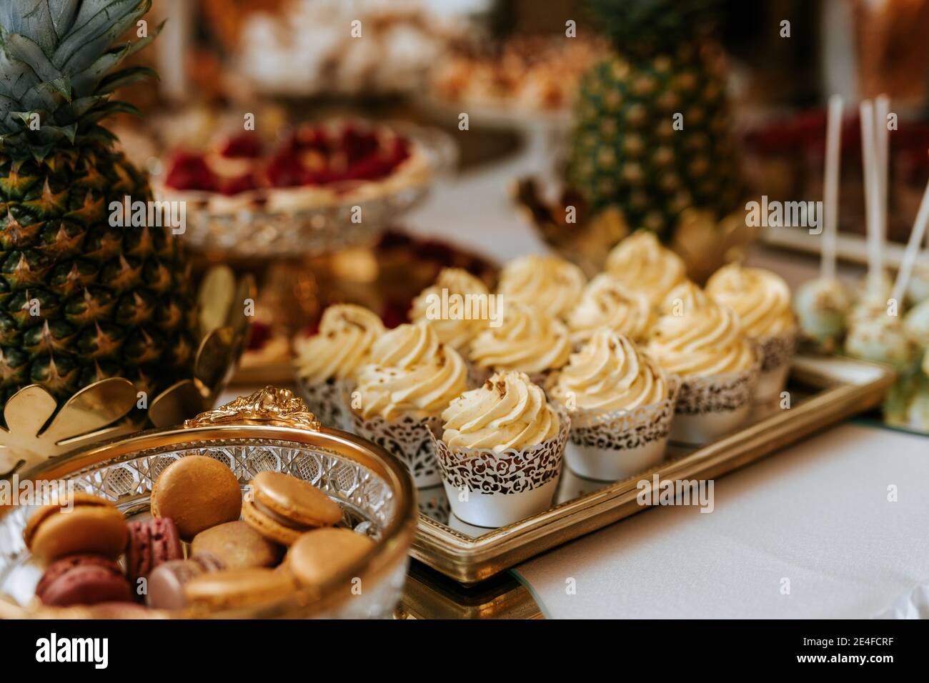 Gros plan d'un candybar de mariage avec gâteaux et fruits Banque D'Images