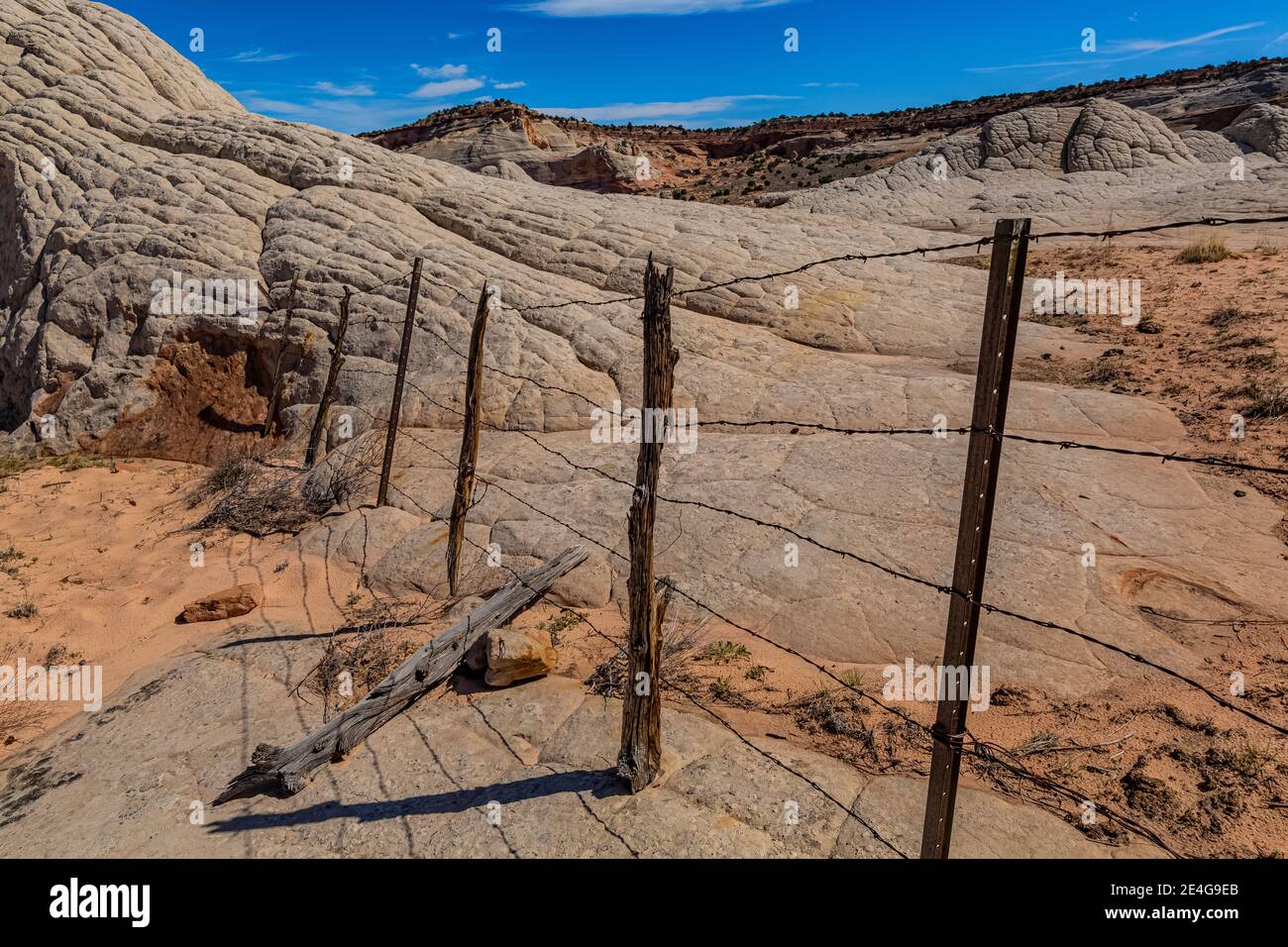 Barrière en fil barbelé d'Old cattleman sur les formations de grès Navajo à White Pocket, monument national de Vermilion Cliffs, Arizona, États-Unis Banque D'Images