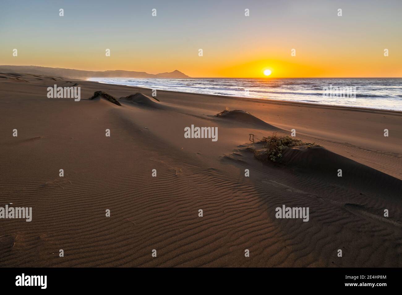 Une vue incroyable sur la mer pendant le coucher du soleil d'une plage de sable impressionnante pleine de dunes de sable jusqu'à l'infini. Paysage naturel idyllique pour retourner à la nature Banque D'Images