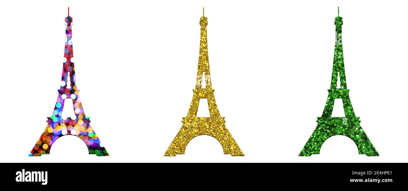 Une illustration de la Tour Eiffel en trois couleurs différentes et des motifs sur fond blanc Banque D'Images