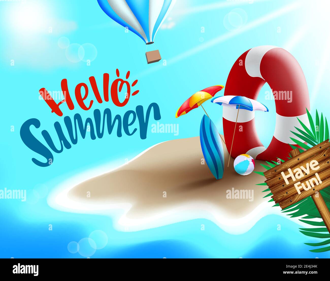 Motif bannière vecteur Hello Summer. Bonjour texte d'été en arrière-plan de plage de l'île avec des éléments de bouée de sauvetage, parapluie, surf et ballon de plage. Illustration de Vecteur