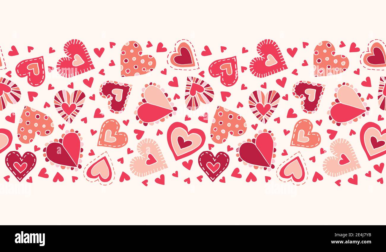 Saint-Valentin Holiday Craft-dessiné à la main Doodle coloré coeurs Vector sans coutures Bordure du motif Illustration de Vecteur