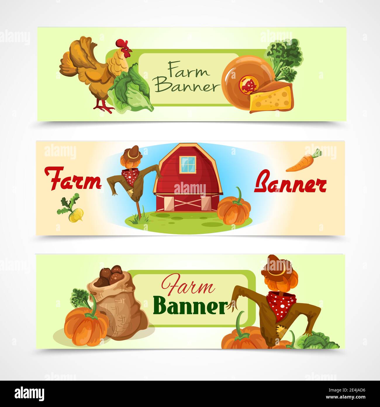 Banderoles horizontales décoratives de ferme avec maison de poulet de vache et illustration vectorielle isolée scarecrow Illustration de Vecteur