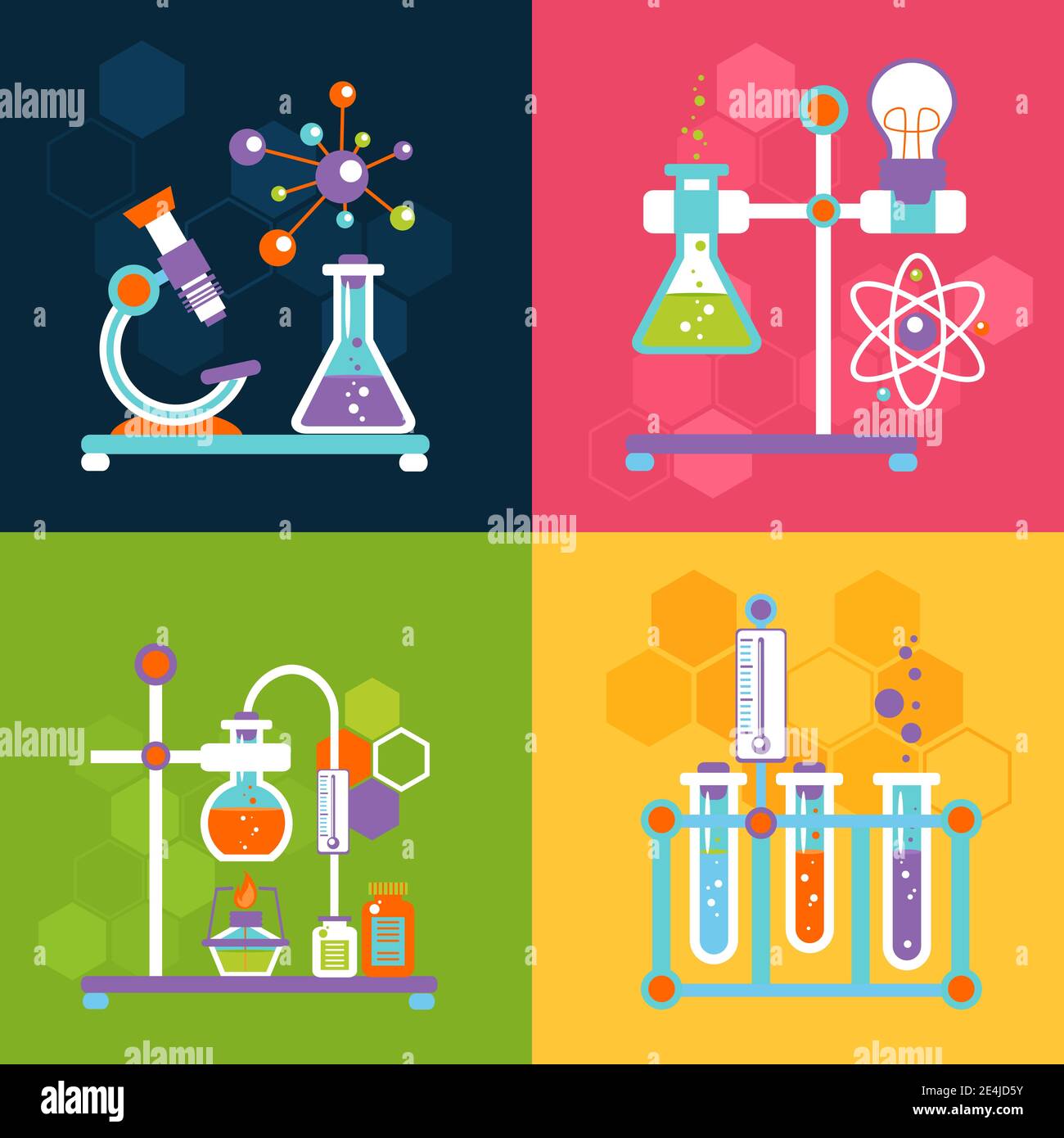 Jeu d'icônes plates décoratives de chimie avec illustration vectorielle isolée d'équipement de test et de recherche en laboratoire Illustration de Vecteur