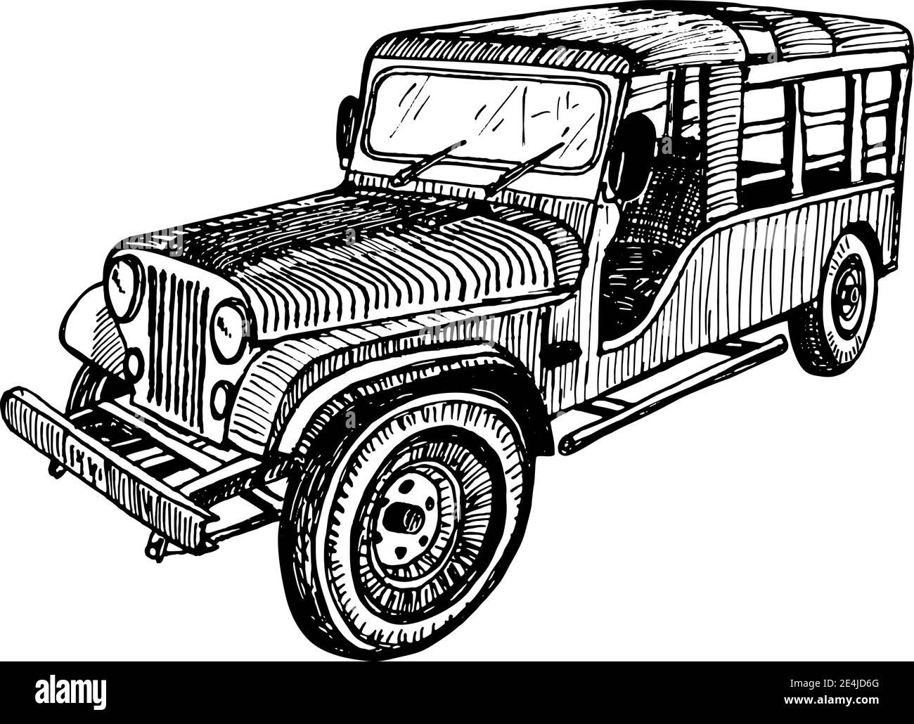 Dessin vectoriel dessiné à la main voiture rétro vintage, dessin Doodle graphiques illustration monochrome sur fond blanc Illustration de Vecteur