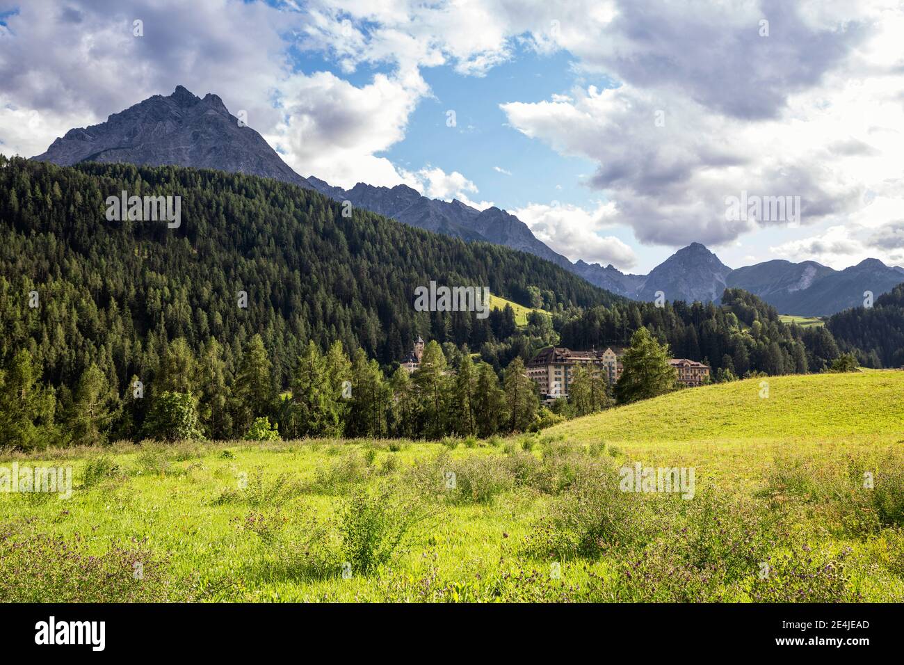 Vue panoramique sur la vallée verdoyante et boisée d'Engadin avec l'hôtel à arrière-plan Banque D'Images