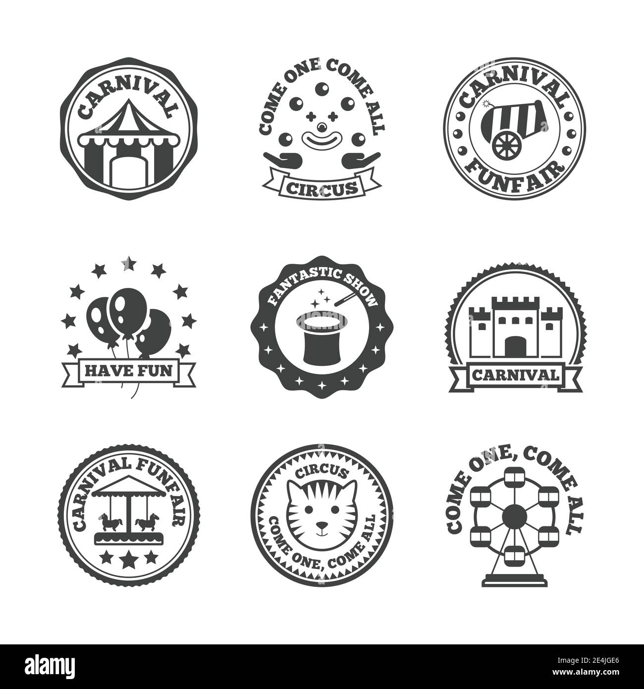 Parc d'attractions Carnival Funfair famille amusant label noir ensemble isolé illustration vectorielle Illustration de Vecteur