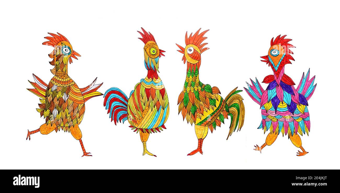 Quatre poulets, peinture naïve, fond blanc Banque D'Images