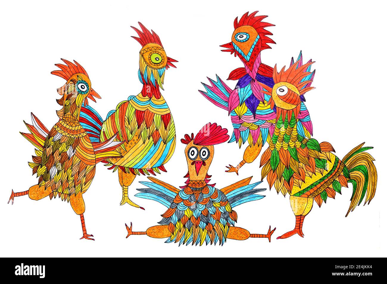 Cinq poulets colorés, peinture naïve, fond blanc Banque D'Images