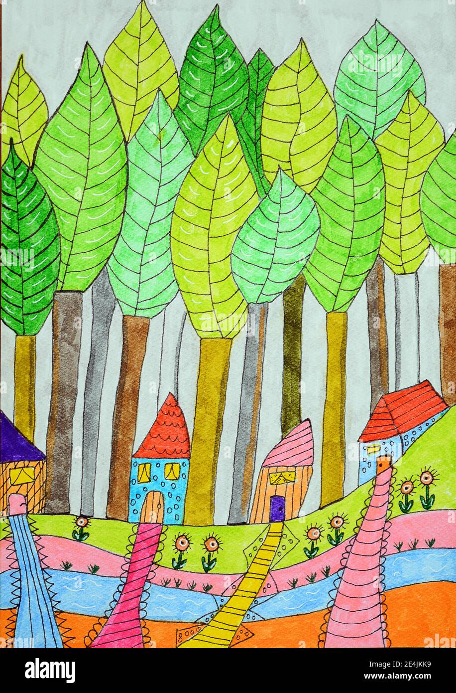 Maisons colorées dans une forêt de feuilles, peinture naïve Banque D'Images