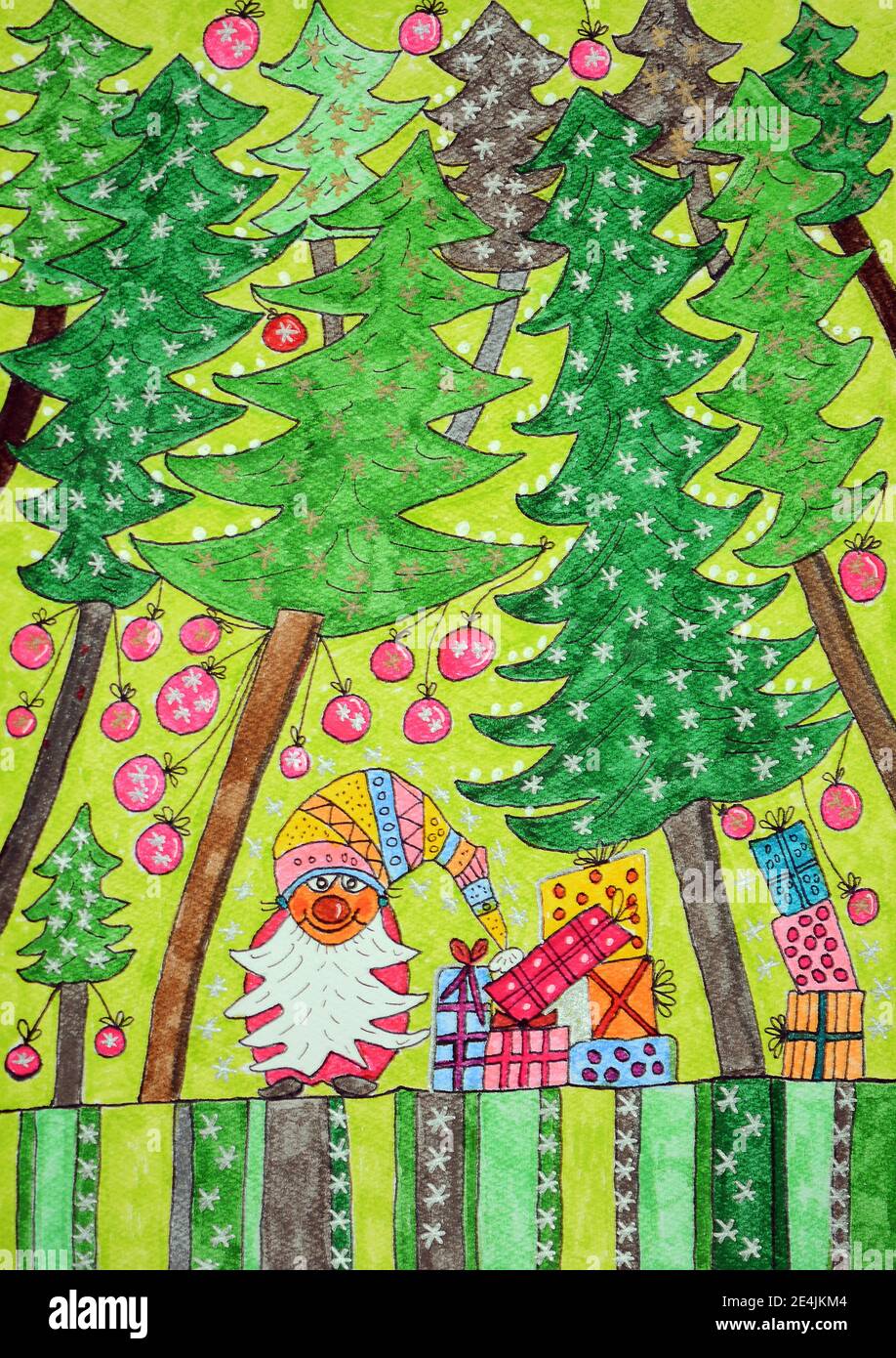 Gnome de Noël avec des cadeaux dans la forêt, peinture naïve Banque D'Images