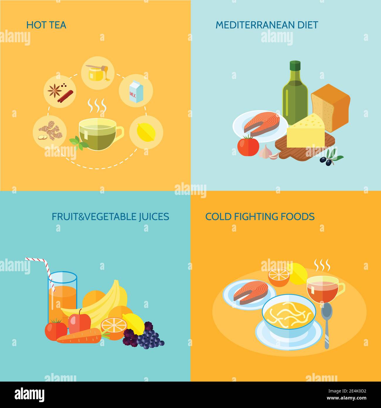 Aliments sains icônes plates ensemble avec thé chaud régime méditerranéen illustration vectorielle isolée de la lutte contre le froid des jus de fruits et de légumes Illustration de Vecteur