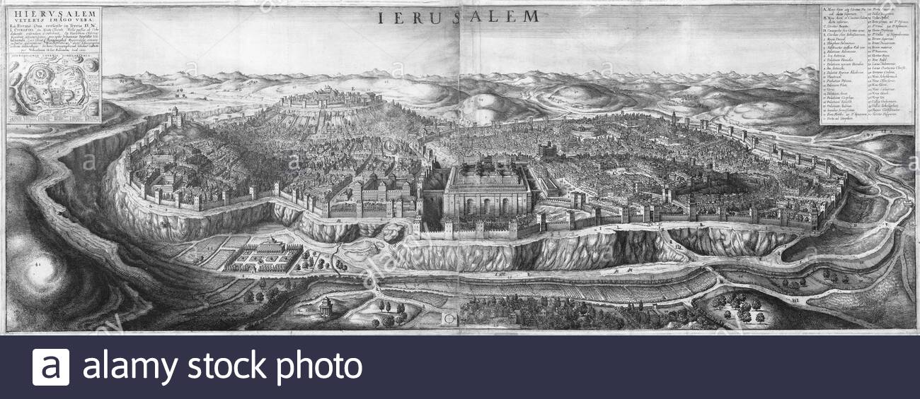 Vue sur Jérusalem, gravure d'époque de la gravure bohème Venceslaus Hollar de 1660 Banque D'Images