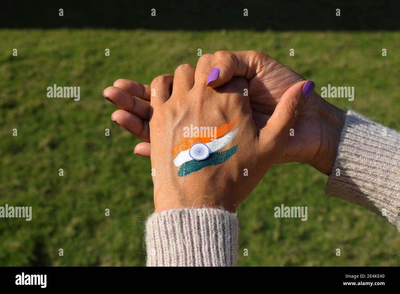 Tatouage drapeau indien de trois couleurs peint sur la main de la personne Encourager et célébrer la Journée de la république indienne Banque D'Images
