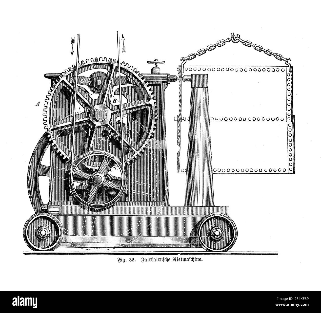 La machine à riveter inventée par sir William Fairbairn a apporté une amélioration et une révolution complète dans la fabrication et le rivetage de chaudières à vapeur, gravure du XIXe siècle Banque D'Images