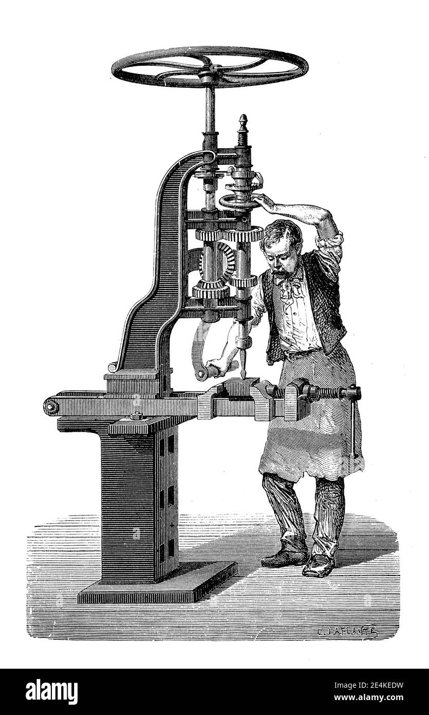 Travailleur occupé dans l'atelier avec une perceuse verticale, gravure du 19e siècle Banque D'Images