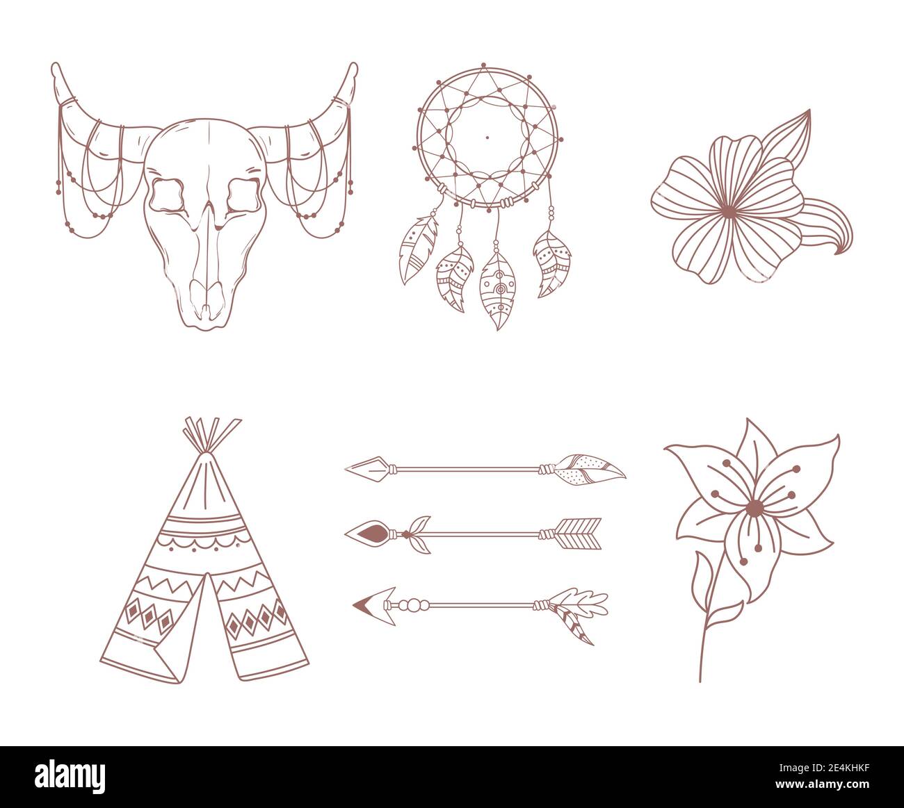 boho et icônes tribales définir la flèche teepee taureau crâne dreamcatcher et illustration vectorielle de fleurs Illustration de Vecteur