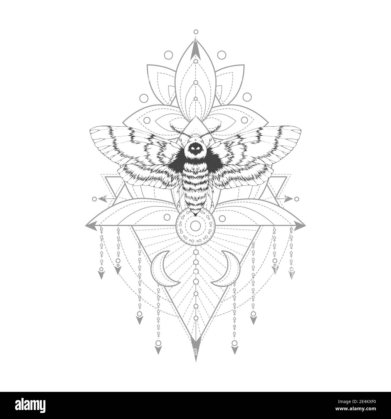 Illustration vectorielle avec papillon de tête mort dessiné à la main et symbole géométrique Sacré sur fond blanc. Signe mystique abstrait. Forme linéaire noire. Pour vous Illustration de Vecteur