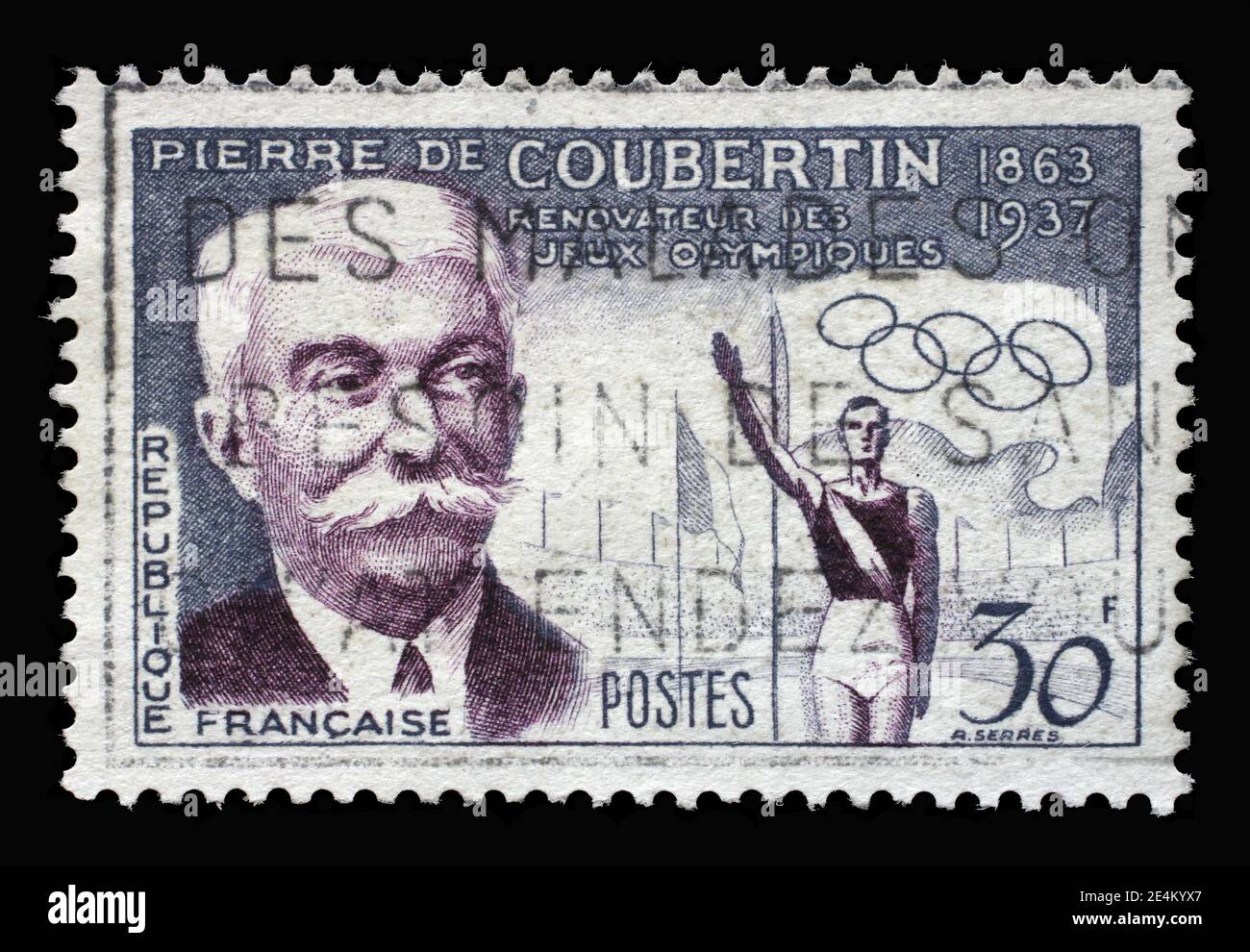 Timbre imprimé en France émis en l'honneur du baron Pierre de Coubertin, fondateur des Jeux Olympiques modernes, vers 1956. Banque D'Images