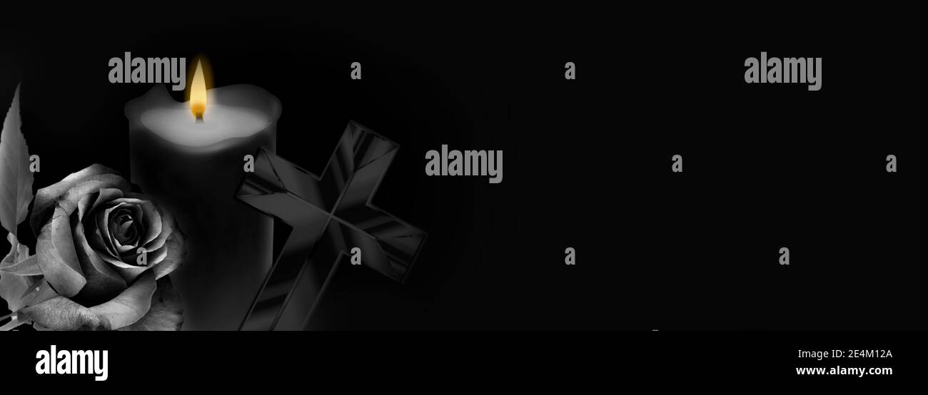 Rose Croix Et Bougie Sur Fond Noir Carte De Condoleances Espace Vide Pour Le Texte Emotionnel Sentimental Ou Citation Photo Stock Alamy