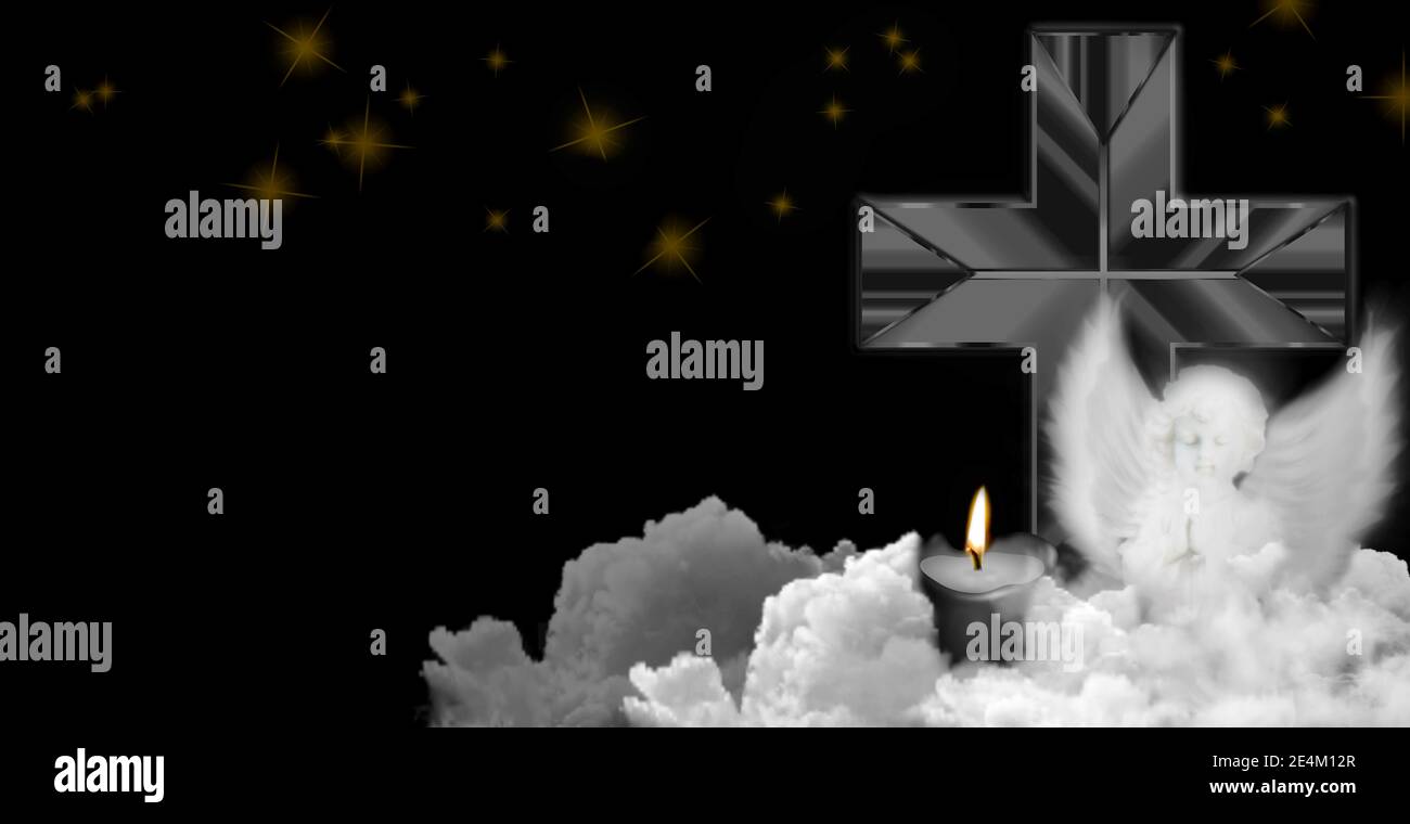 Ange Croix Et Bougie Dans Les Nuages Sur Fond Noir Carte De Condoleances Espace Vide Pour Le Texte Emotionnel Sentimental Ou Citation Photo Stock Alamy