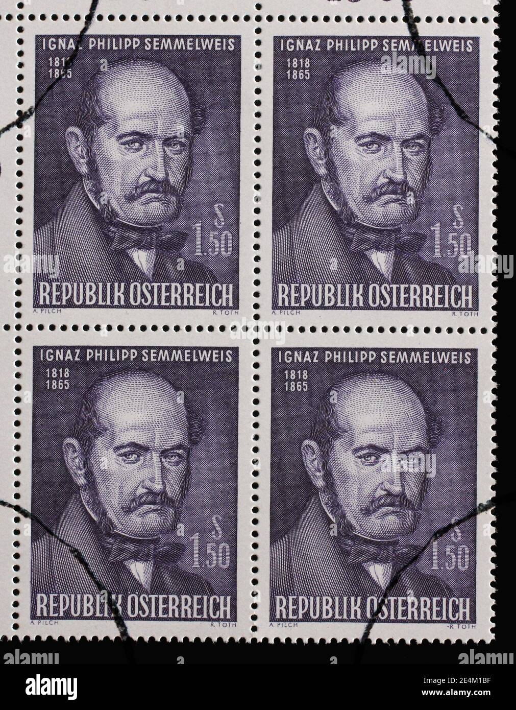 Timbre émis en Autriche montre Ignaz Philipp Semmelweis - médecin hongrois, maintenant connu comme un pionnier des procédures antiseptiques, vers 1965 Banque D'Images