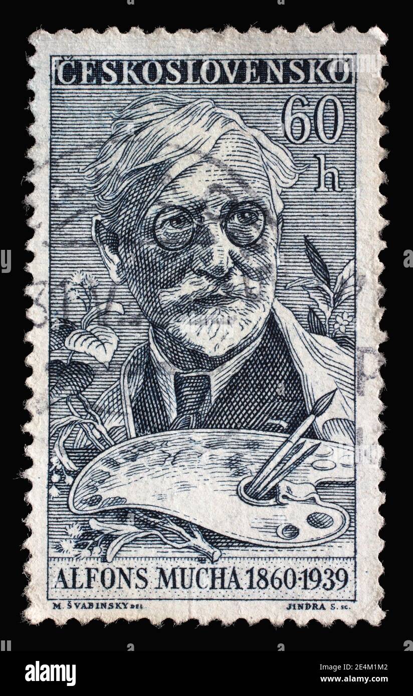 Timbre imprimé en Tchécoslovaquie montre un portrait d'Alfons Maria Mucha (1860-1939), peintre, série du jour du timbre, vers 1960 Banque D'Images